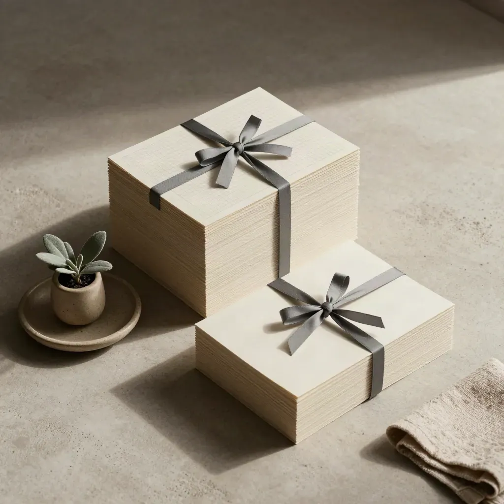 Overhead flatlay of two tied paper stacks with dish, plant and cloth on pale concrete.
